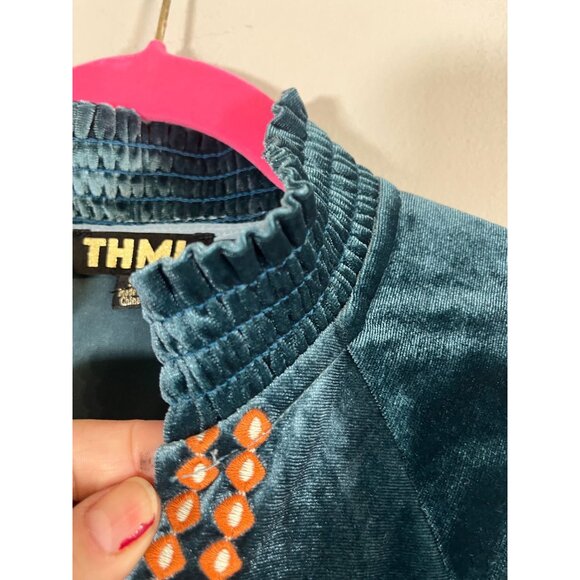 Boho Velvet Floral Top S Blue Bold Embroidery Classic Modern Chic Artsy Luxury - Picture 7 of 12